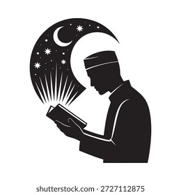 Persona leyendo el Corán mientras sostiene en las manos la silueta, la oración islámica, la devoción y la ilustración del estudio religioso.