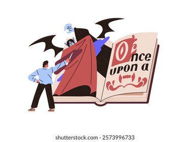 Person reads big paper book about monsters. Reader is in adventure in mystery fairytale about vampires. Concept of fiction stories, fairy tales. Flat isolated vector illustration on white background