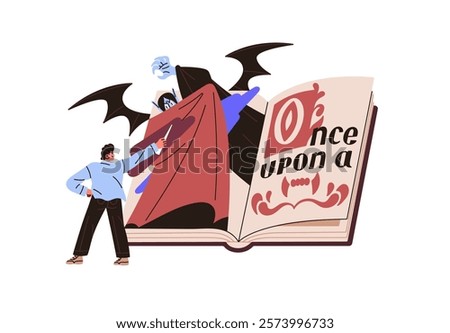 Person reads big paper book about monsters. Reader is in adventure in mystery fairytale about vampires. Concept of fiction stories, fairy tales. Flat isolated vector illustration on white background