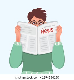 A person reads the news in the newspaper. Working days of a business person. Vector illustration of drawn people