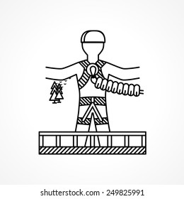 Person ready to jump from the bridge with rope in safety system a back view. Black flat line vector icon design element on white background for your website.