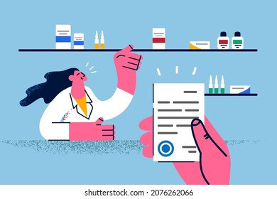 Person with receipt buy in drugstore from pharmacist. Client or customer make purchase in apothecary with doctor prescription. Pharmacy and medicine. Healthcare concept. Vector illustration. 