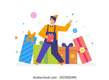 Person receives many gifts illustration. Discounts, holiday, benefit. Flat illustration Icons infographics. Landing page site print poster. Eps vector.