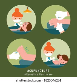 Person receiving acupuncture treatment from practitioner. Alternative healthcare illustration