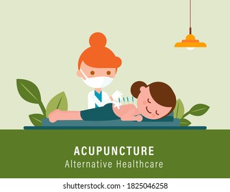 Person receiving back pain acupuncture treatment from practitioner. Alternative healthcare illustration