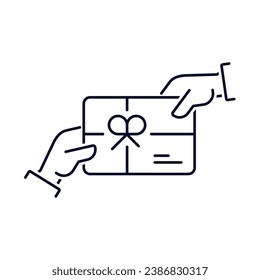 Person receiving gift card.  Vector linear illustration icon isolated on white background.