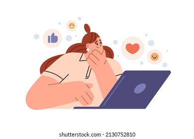 Person Receiving Positive Feedback To Social Media Post. Blogger At Laptop, Chatting Online, Getting Likes, Thumb-ups In Internet Blog. Flat Graphic Vector Illustration Isolated On White Background