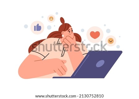 Person receiving positive feedback to social media post. Blogger at laptop, chatting online, getting likes, thumb-ups in internet blog. Flat graphic vector illustration isolated on white background