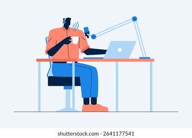 Person recording a podcast using a microphone and laptop in a creative home studio