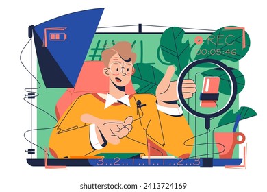 Person Recording Podcast, vector illustration. Individual with headphones and microphone holds a cup while live streaming on a computer screen.