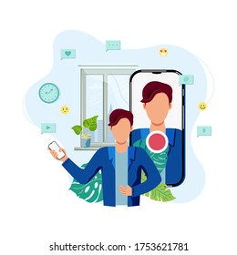 Person is recording video on smartphone at home. Vlog, blogging concept. Online channel. Live broadcast. Flat cartoon style vector illustration.