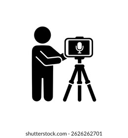 Pessoa Gravando Vlog no Smartphone Tripod Ícone Preto