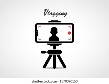 Person recording vlog using mobile with tripod. Vlogging concept vector design.