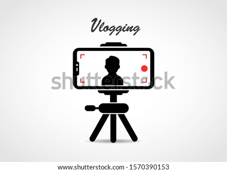 Person recording vlog using mobile with tripod. Vlogging concept vector design.