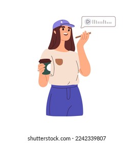 Grabación de mensajes de voz de persona, sonido con teléfono inteligente móvil. Mujer hablando, hablando con un smartphone. Comunicación de audio, concepto de conversación. Ilustración vectorial plana aislada en fondo blanco