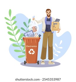 Person recycling electronics with a trash bin and plants around. Vector illustration