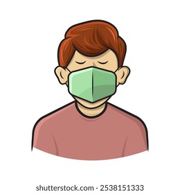 A person with red hair, closed eyes, and a green face mask symbolizes health and protection. Suitable for apps, blogs, and safety content.