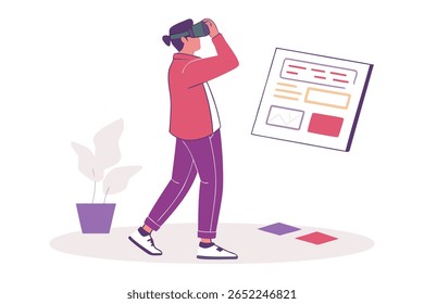A person in a red shirt and purple pants uses a VR headset to view a floating digital screen with various graphical elements, symbolizing immersive technology.
