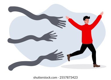 Person in red sweater runs joyfully while playful hands reach out in a whimsical illustration