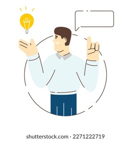 A person reflecting the formed idea that came to his head with a message board. Flat infographics on a white background.