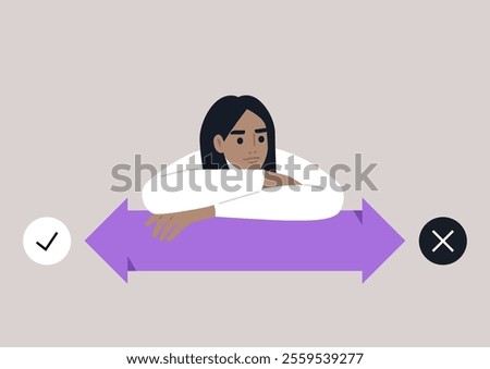 A person reflects deeply while contemplating decisions, surrounded by contrasting yes and no symbols, This thoughtful moment showcases the essence of choice and contemplation.