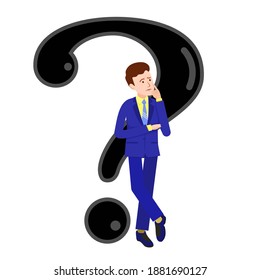 A person reflects. Question. Thoughts. A man stands and thinks. Vector image of a person for animation. Еditable strokes.  The man in the suit leaned against the question mark. Why? How? What for? Que