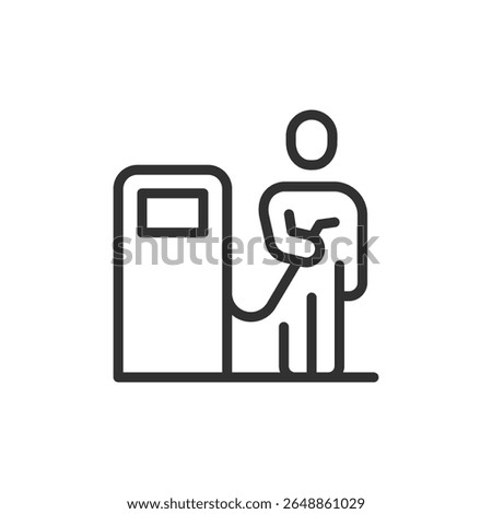 Person refueling car, linear icon. Fueling process at gas station. Line with editable stroke.