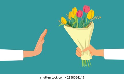 
Person Refusing a Floral Bouquet Vector Cartoon Illustration. Woman rejecting flowers from her boyfriend not accepting his apologies
