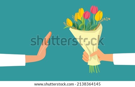 
Person Refusing a Floral Bouquet Vector Cartoon Illustration. Woman rejecting flowers from her boyfriend not accepting his apologies
