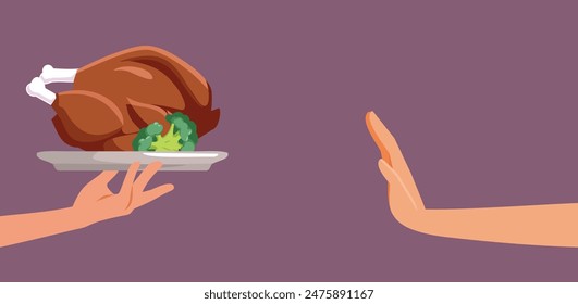 
Person Refusing a Full Meal Vector Cartoon Illustration. Vegetarian person saying no to meat dish 
