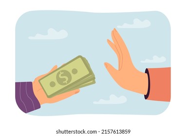 Person refusing money. Hand holding pile of banknotes, other making refusing sign. Finance, refusal concept for banner, website design or landing web page