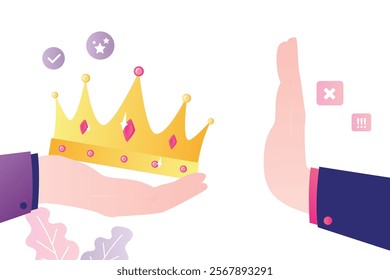 Person refusing royal crown and title during coronation. Refusal of privileges and popularity. Selfishness as bad habit from which it is necessary to refuse. Flat vector illustration