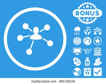 Person Relations icon with bonus. Vector illustration style is flat iconic symbols, white color, blue background.