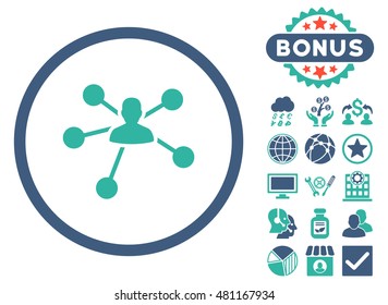Person Relations icon with bonus. Vector illustration style is flat iconic bicolor symbols, cobalt and cyan colors, white background.