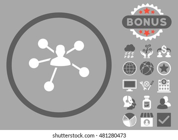 Person Relations icon with bonus. Vector illustration style is flat iconic bicolor symbols, dark gray and white colors, silver background.
