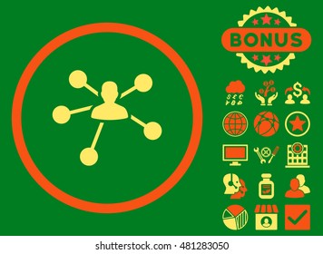 Person Relations icon with bonus. Vector illustration style is flat iconic bicolor symbols, orange and yellow colors, green background.