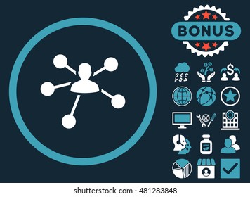 Person Relations icon with bonus. Vector illustration style is flat iconic bicolor symbols, blue and white colors, dark blue background.