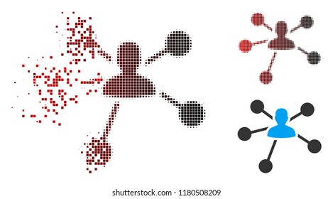 Person relations icon with face in sparkle, pixelated halftone and undamaged whole versions. Particles are arranged into vector disappearing person relations icon.