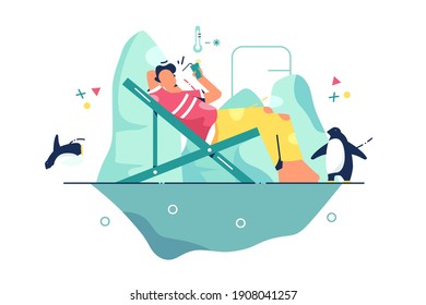 Person relax on iceberg vector illustration. Guy resting on ice cube with drink and penguins around flat style. Leisure, winter, holiday concept. Isolated on white background