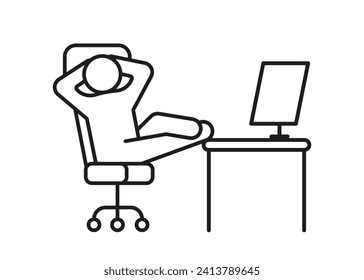 Person relax on work chair on computer, line icon. Man rest on workplace, calm on chair. Lazy tired person, break time. Vector illustration