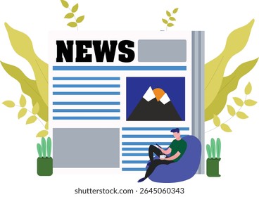 A person relaxes in a comfy beanbag, reading the news surrounded by plants and nature elements.