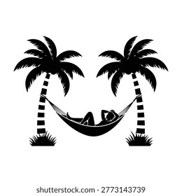 A person relaxes in a hammock between two palm trees, evoking a sense of serenity and tropical getaway. Ideal for travel, vacation, and relaxation concepts.