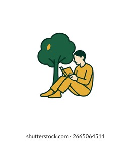 Eine Person entspannt sich beim Lesen eines Buches unter einem großen Baum. Eine minimalistische, flache Grafik mit einer klaren Komposition und kräftigen, gleichmäßigen Strichen.