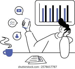 A person relaxing with a coffee while reviewing data visuals on a phone, illustrating productivity and multitasking.