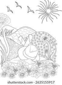 Person Relaxing in Flower Field - Coloring Page, Black and white line art illustration for a coloring book featuring a person relaxing face down in a field of flowers under a sunny sky with birds