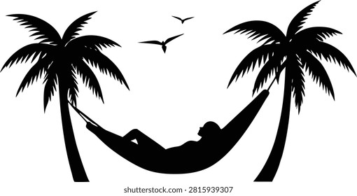 a person relaxing in a hammock strung between two palm trees with birds flying overhead silhouette vector