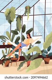 Person relaxing in home greenhouse among potted plants. Happy woman on hammock in green house at leisure. Female resting in glass winter garden with houseplants, urban jungle. Flat vector illustration