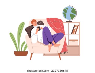 Persona relajándose en casa, durmiendo en un acogedor sillón, tomando café de una taza. Hombre feliz con suéter cálido descansando en una cómoda silla, dando cabezadas. Ilustración vectorial gráfica plana aislada en fondo blanco