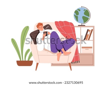 Person relaxing at home, sleeping in cozy armchair, drinking coffee from cup. Happy man in warm sweater resting in comfy chair, napping. Flat graphic vector illustration isolated on white background