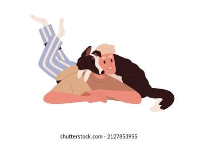Person relaxing, lying with cute dog. Pet owner and canine animal friend. Happy man and lovely funny doggy companion resting together. Flat vector illustration isolated on white background